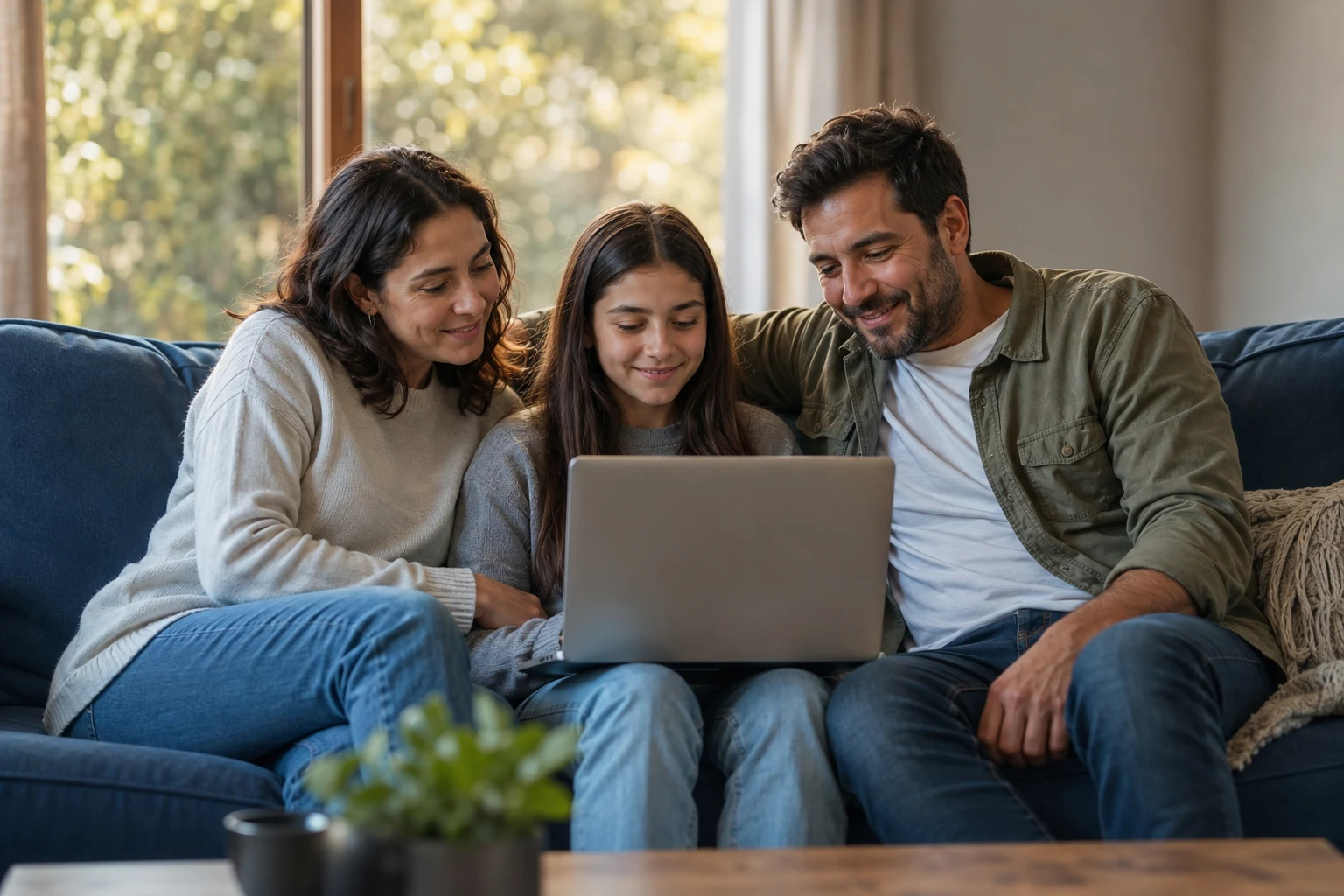 Una familia comparte un momento en casa con su computador